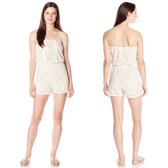 Boho Ivory Romantic Floral Crochet Lace Strapless Romper - Picture 2 of 5